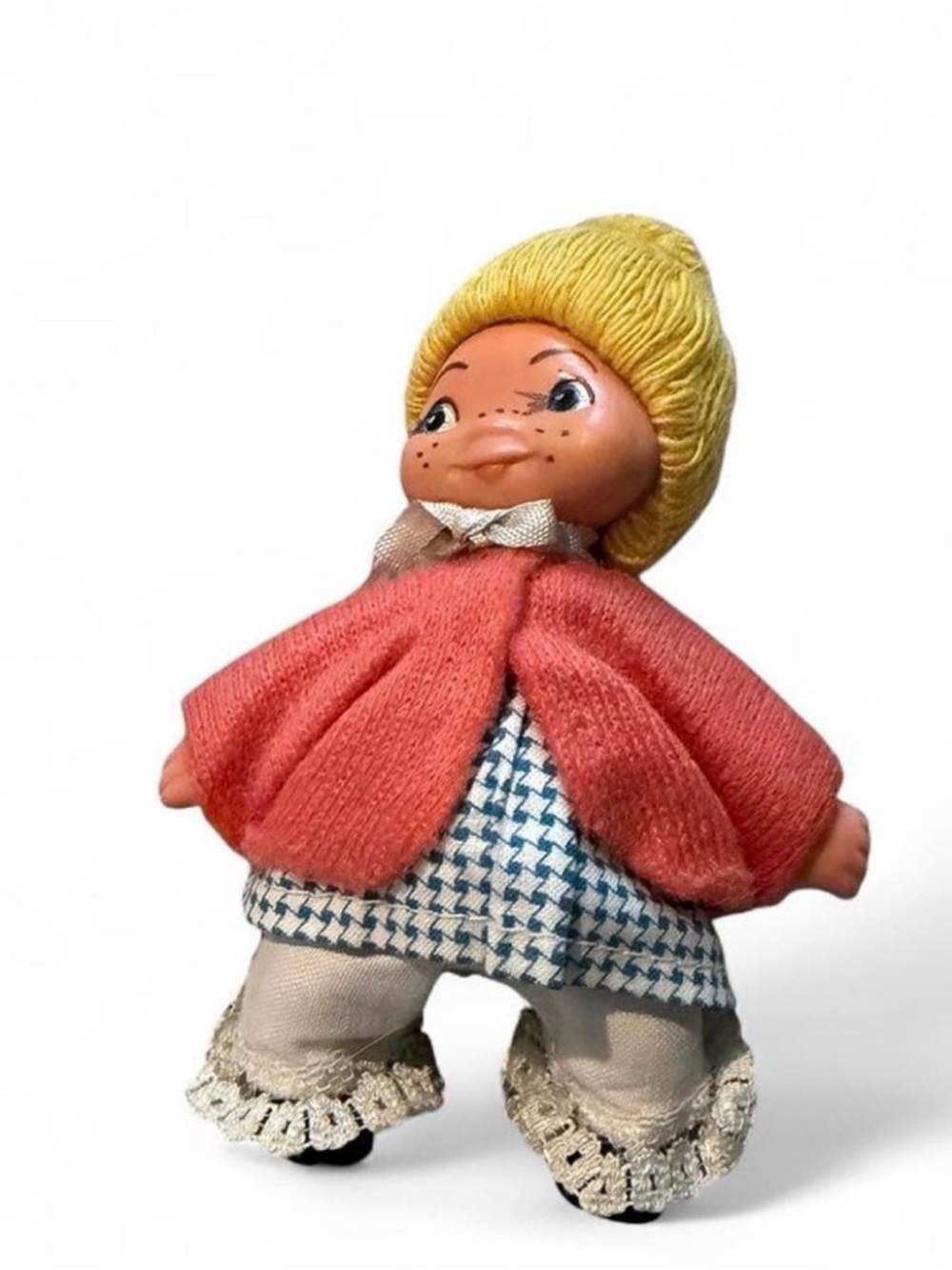 Handmade Vintage-Style Kids Doll in Yellow Hat and Coral Jacket